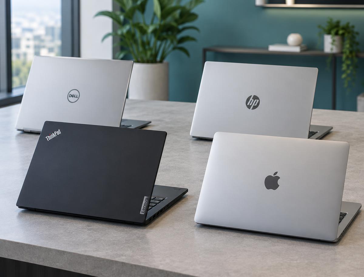Illustrative Dell, Lenovo ThinkPad, HP and Apple laptops