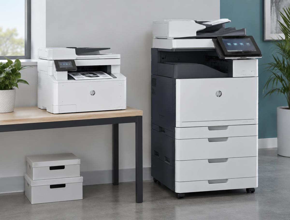 Illustrative desktop printer and office multifunction copier